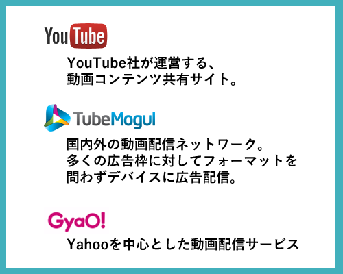 TubeMogulは国内外の動画配信ネットワークでブルースターは指定代理店です。Yahoo Gyaoの動画配信にも対応しています。
